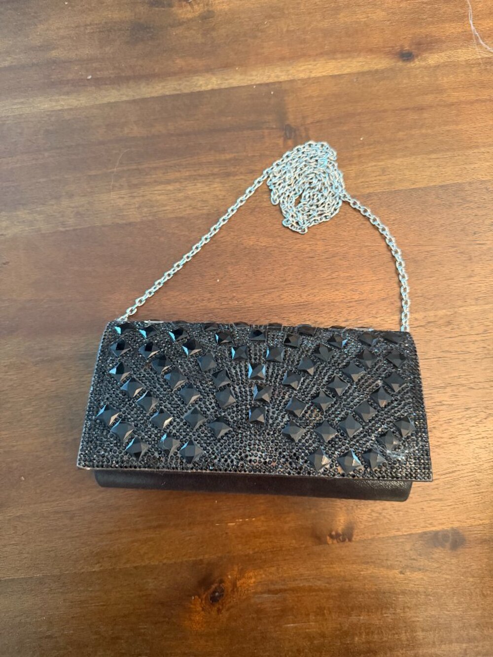 Jessica McClintock Black Crystal Embellished Clutch Chain Strap